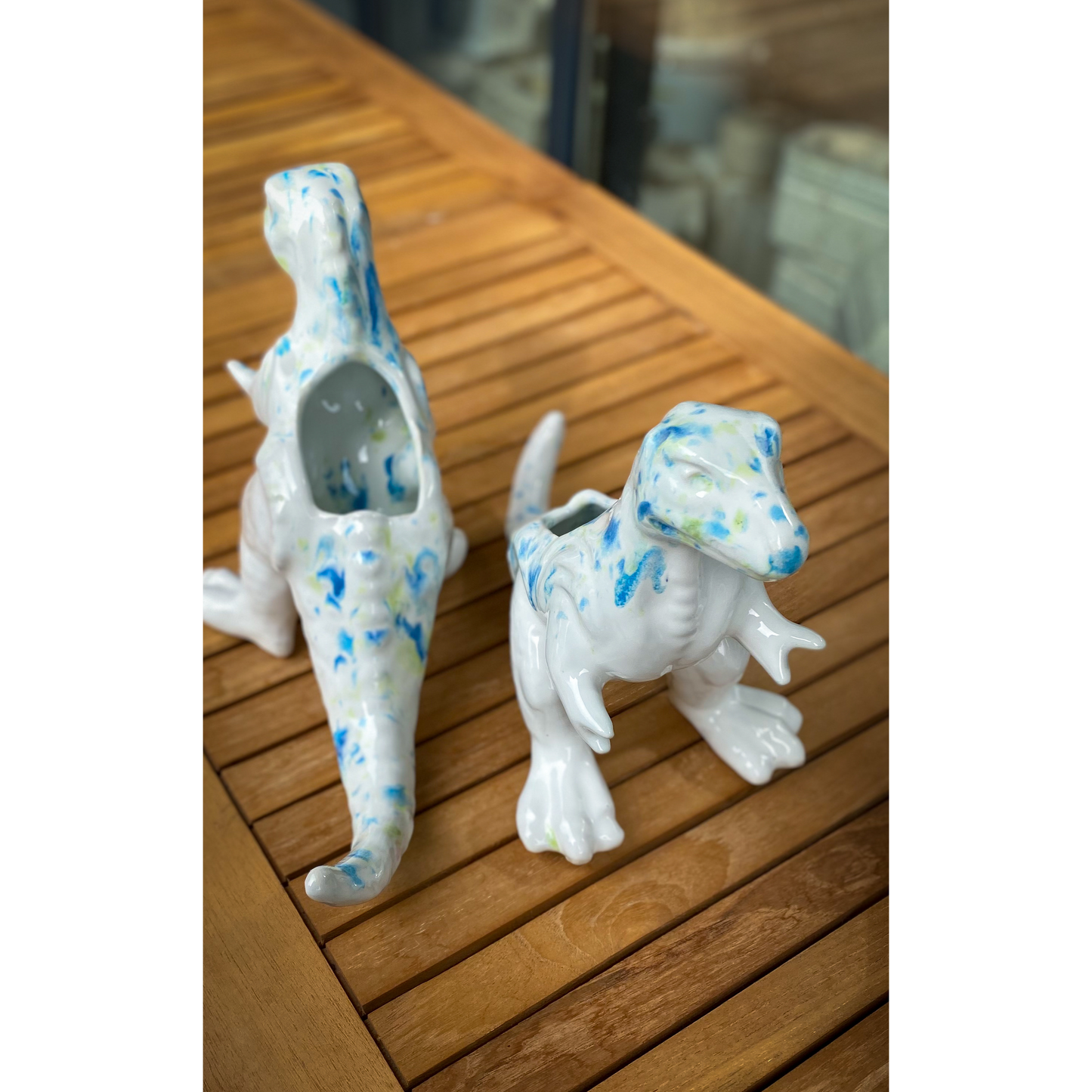 Dinosaur T-Rex Pot - Spotted blue & green
